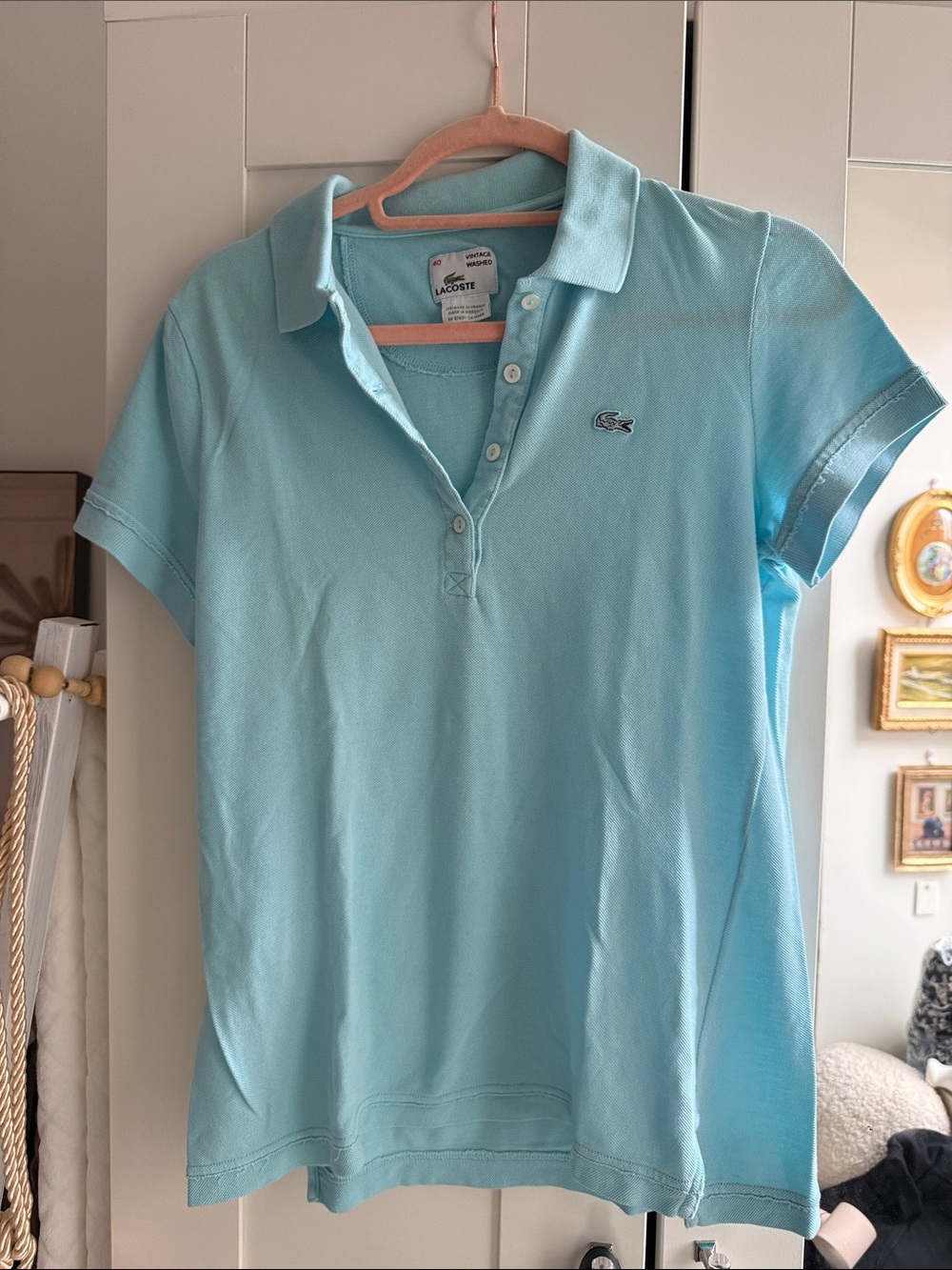 Lacoste Women’s Aqua Short Sleeve Polo with Crocodile Logo Vintage Washed